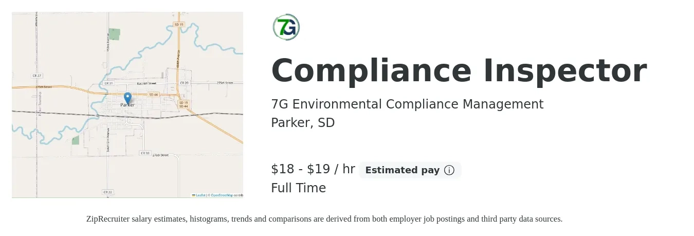 7G Environmental Compliance Management job posting for a Compliance Inspector in Parker, SD with a salary of $19 to $20 Hourly with a map of Parker location.