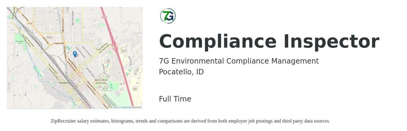 7G Environmental Compliance Management job posting for a Compliance Inspector in Pocatello, ID with a salary of $19 to $32 Hourly with a map of Pocatello location.