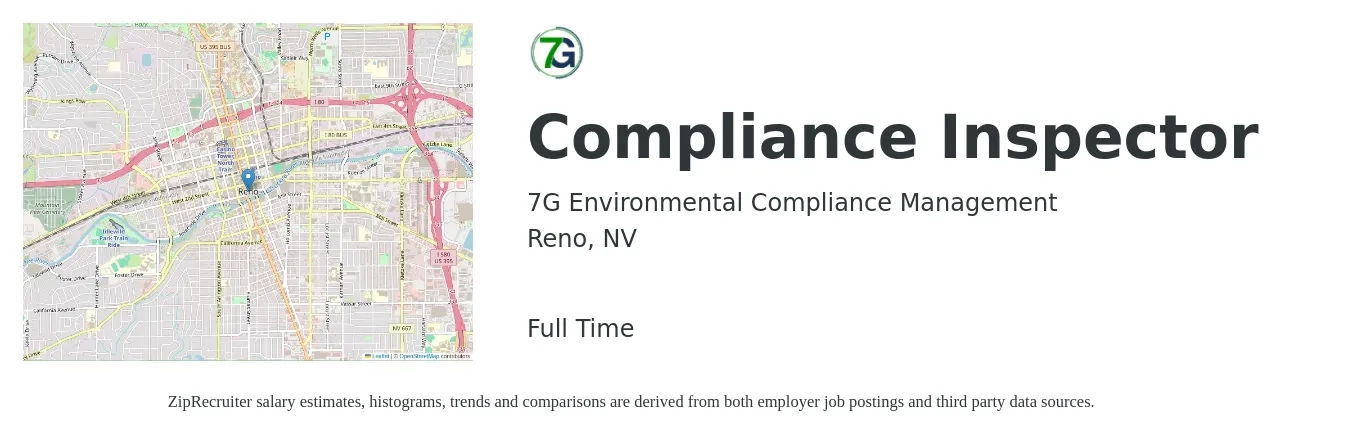 7G Environmental Compliance Management job posting for a Compliance Inspector in Reno, NV with a salary of $19 to $33 Hourly with a map of Reno location.