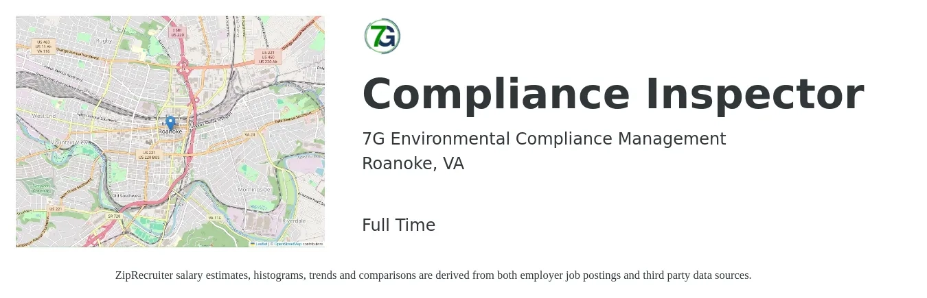 7G Environmental Compliance Management job posting for a Compliance Inspector in Roanoke, VA with a salary of $19 to $32 Hourly with a map of Roanoke location.