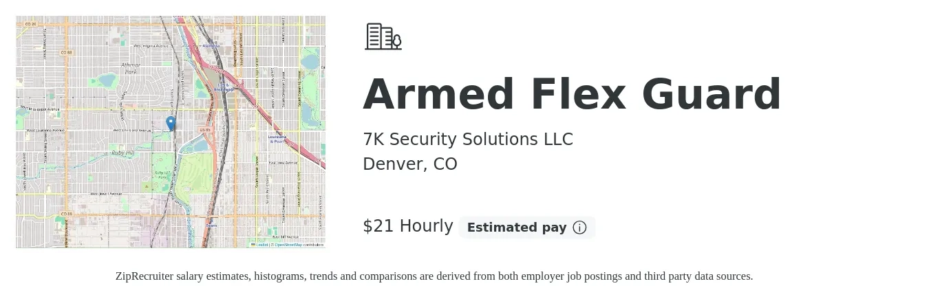 7K Security Solutions LLC job posting for a Armed Flex Guard in Denver, CO with a salary of $22 to $24 Hourly with a map of Denver location.