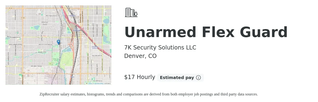 7K Security Solutions LLC job posting for a Unarmed Flex Guard in Denver, CO with a salary of $16 to $22 Hourly with a map of Denver location.