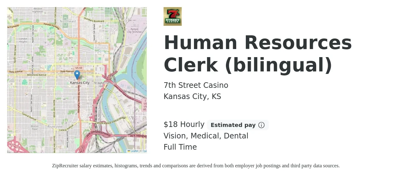 7th Street Casino job posting for a Human Resources Clerk (bilingual) in Kansas City, KS with a salary of $20 Hourly and benefits including dental, life_insurance, medical, pto, retirement, and vision with a map of Kansas City location.