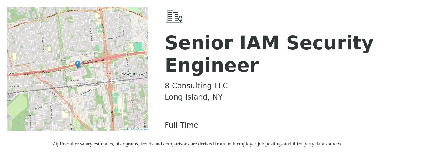 8 Consulting LLC job posting for a Senior IAM Security Engineer in Long Island, NY with a salary of $116,400 to $159,700 Yearly with a map of Long Island location.