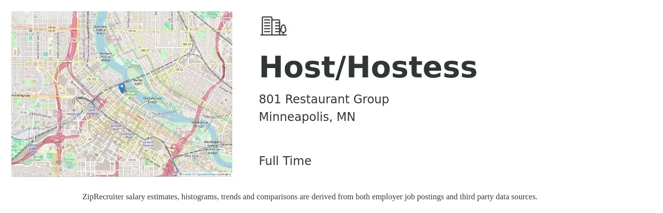 801 Restaurant Group job posting for a Host/Hostess in Minneapolis, MN with a salary of $12 to $18 Hourly with a map of Minneapolis location.
