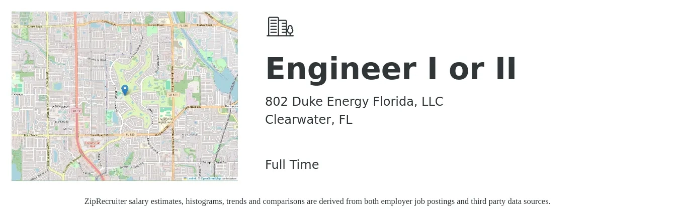 802 Duke Energy Florida, LLC job posting for a Engineer I or II in Clearwater, FL with a salary of $77,400 to $107,400 Yearly with a map of Clearwater location.