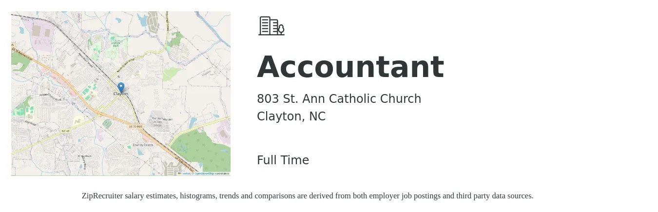 803 St. Ann Catholic Church job posting for a Accountant in Clayton, NC with a salary of $45,500 to $66,800 Yearly with a map of Clayton location.