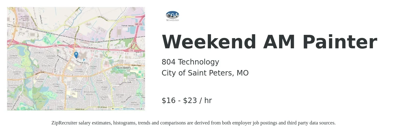 804 Technology job posting for a Weekend AM Painter in City of Saint Peters, MO with a salary of $17 to $24 Hourly with a map of City of Saint Peters location.
