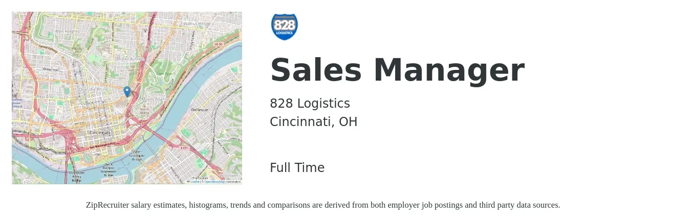 828 Logistics job posting for a Sales Manager in Cincinnati, OH with a salary of $43,200 to $92,600 Yearly with a map of Cincinnati location.