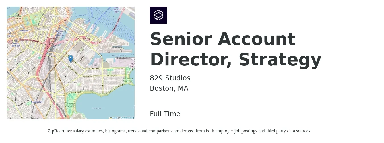 829 Studios job posting for a Senior Account Director, Strategy in Boston, MA with a salary of $127,300 to $157,100 Yearly with a map of Boston location.
