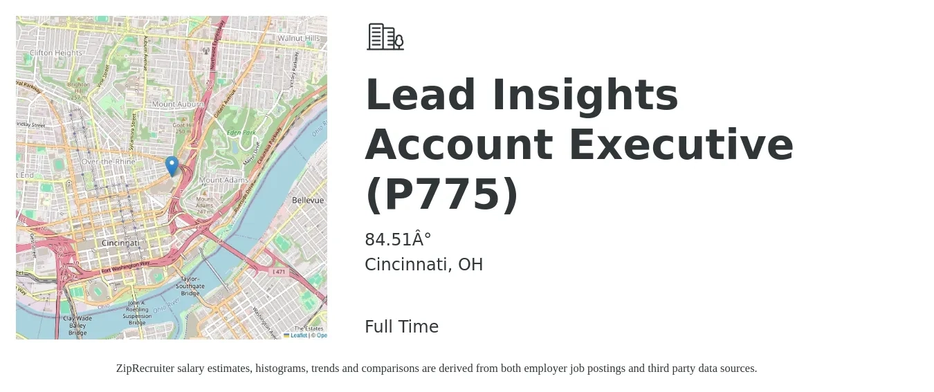 84.51° job posting for a Lead Insights Account Executive (P775) in Cincinnati, OH with a salary of $51,800 to $91,200 Yearly with a map of Cincinnati location.