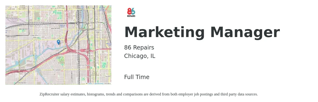 86 Repairs job posting for a Marketing Manager in Chicago, IL with a salary of $61,800 to $101,000 Yearly with a map of Chicago location.