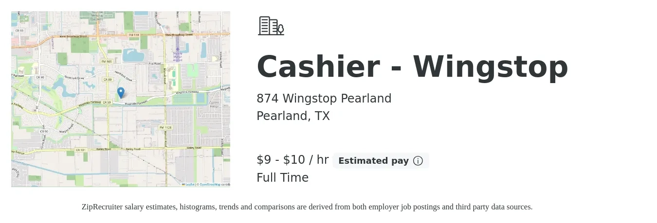 874 Wingstop Pearland job posting for a Cashier - Wingstop in Pearland, TX with a salary of $10 to $11 Hourly with a map of Pearland location.