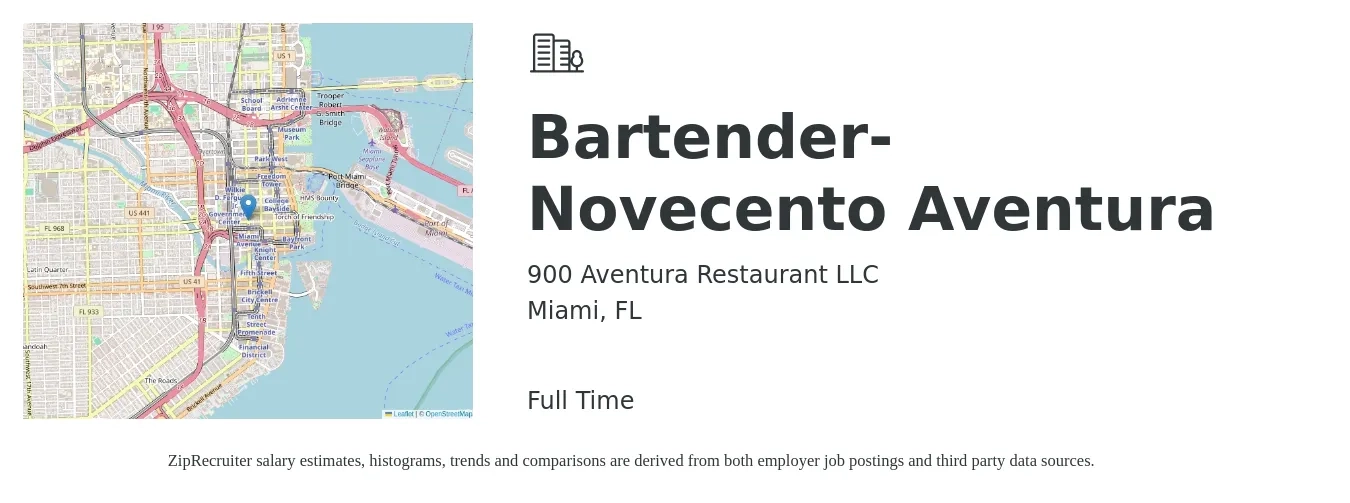 900 Aventura Restaurant LLC job posting for a Bartender- Novecento Aventura in Miami, FL with a salary of $10 to $18 Hourly with a map of Miami location.