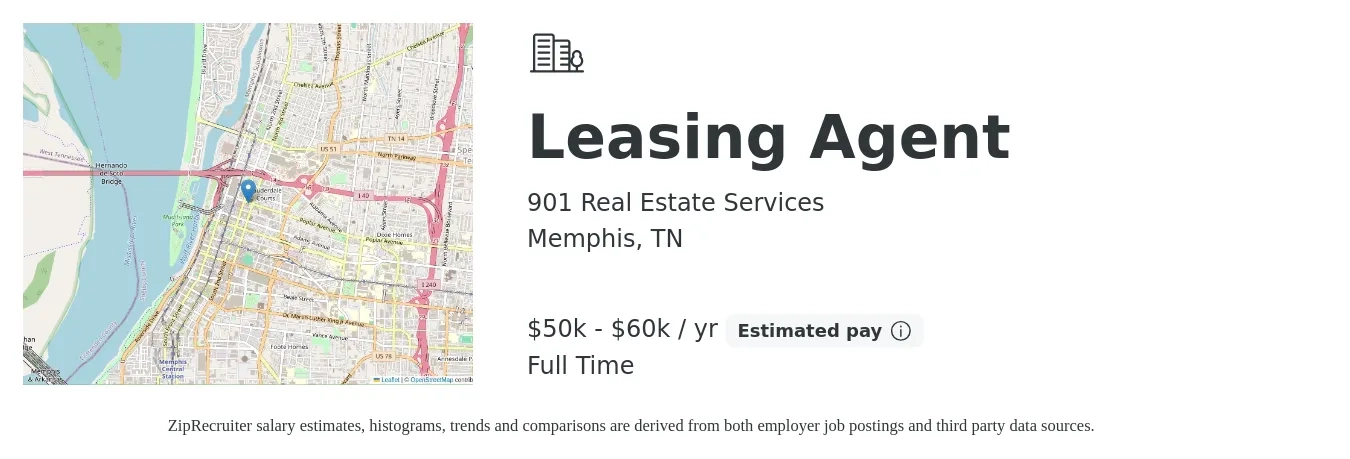 901 Real Estate Services job posting for a Leasing Agent in Memphis, TN with a salary of $50,000 to $60,000 Yearly with a map of Memphis location.