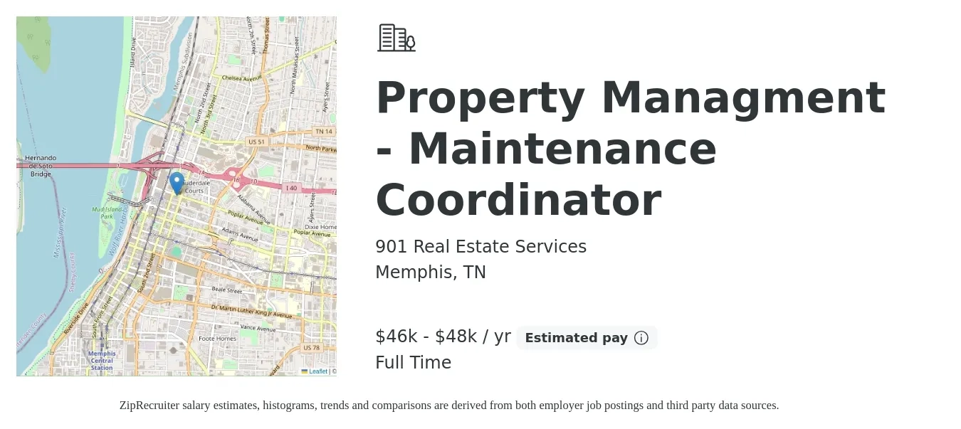 901 Real Estate Services job posting for a Property Managment - Maintenance Coordinator in Memphis, TN with a salary of $46,000 to $48,000 Yearly with a map of Memphis location.