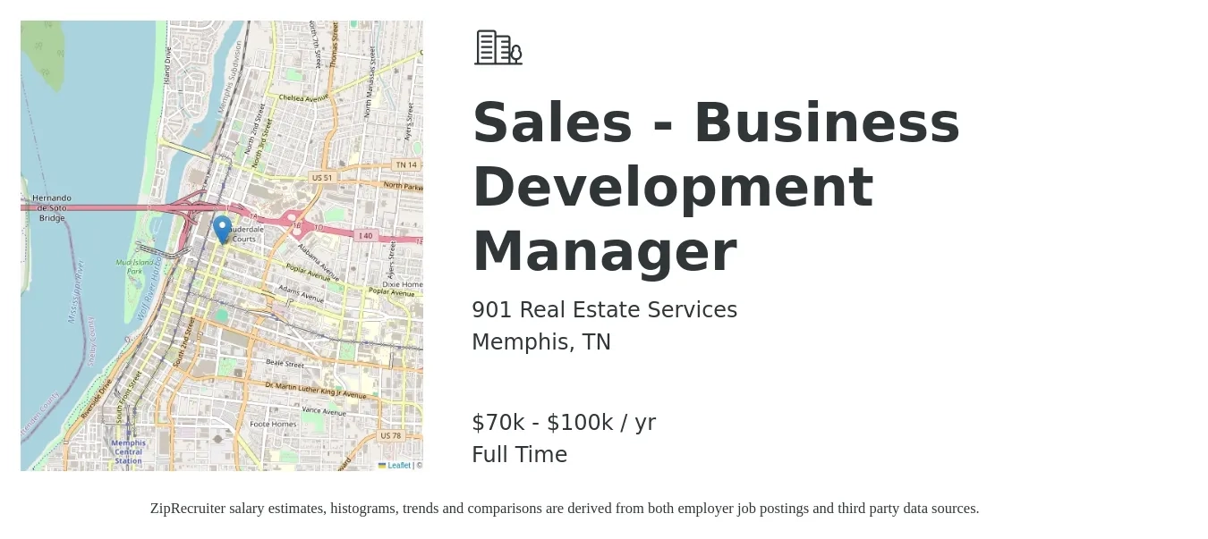 901 Real Estate Services job posting for a Sales - Business Development Manager in Memphis, TN with a salary of $70,000 to $100,000 Yearly with a map of Memphis location.
