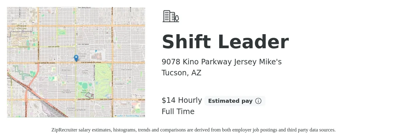 9078 Kino Parkway Jersey Mike's job posting for a Shift Leader in Tucson, AZ with a salary of $15 Hourly with a map of Tucson location.