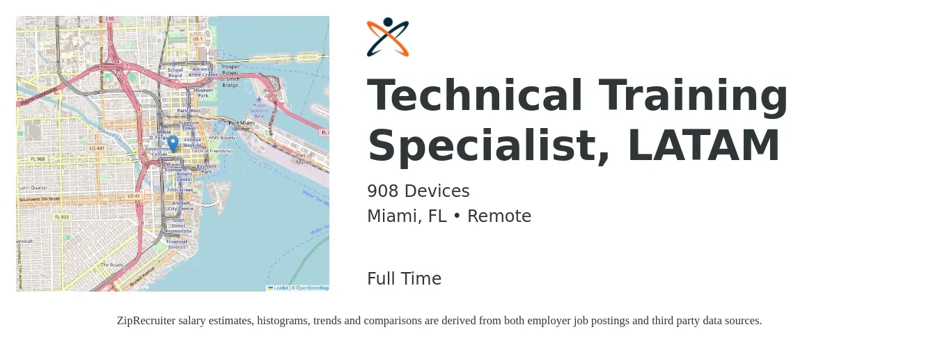 908 Devices job posting for a Technical Training Specialist, LATAM in Miami, FL with a salary of $35,900 to $66,500 Yearly with a map of Miami location.