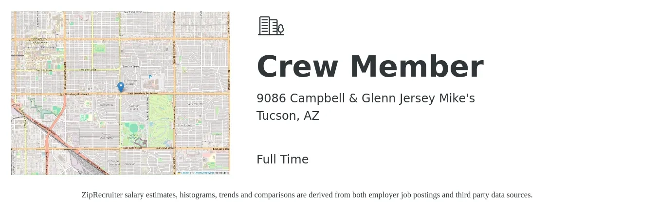 9086 Campbell & Glenn Jersey Mike's job posting for a Crew Member in Tucson, AZ with a salary of $10 to $14 Hourly with a map of Tucson location.