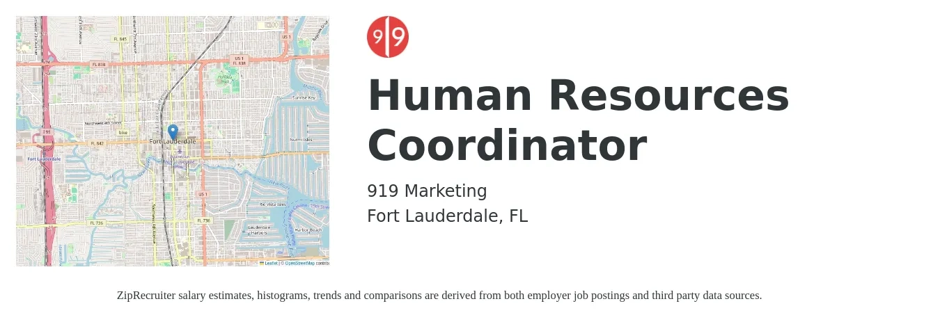 919 Marketing job posting for a Human Resources Coordinator in Fort Lauderdale, FL with a salary of $20 to $26 Hourly with a map of Fort Lauderdale location.
