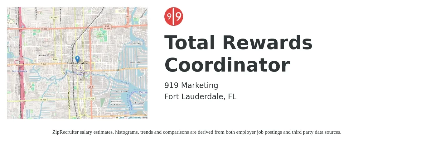 919 Marketing job posting for a Total Rewards Coordinator in Fort Lauderdale, FL with a salary of $21 to $29 Hourly with a map of Fort Lauderdale location.