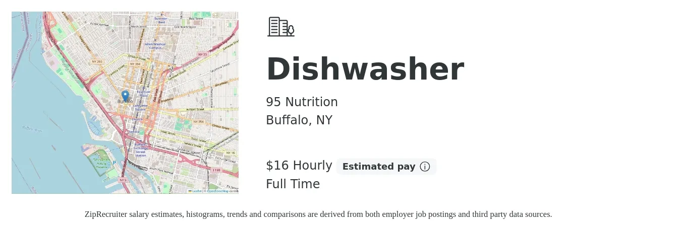 95 Nutrition job posting for a Dishwasher in Buffalo, NY with a salary of $17 to $18 Hourly with a map of Buffalo location.