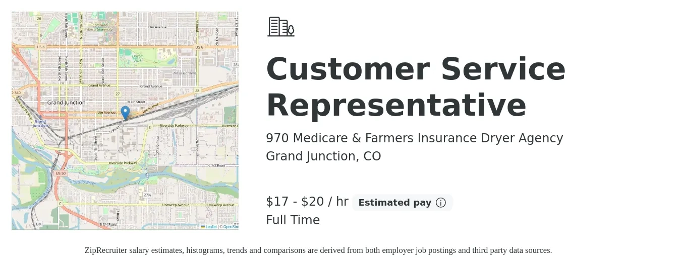 970 Medicare & Farmers Insurance Dryer Agency job posting for a Customer Service Representative in Grand Junction, CO with a salary of $18 to $21 Hourly with a map of Grand Junction location.