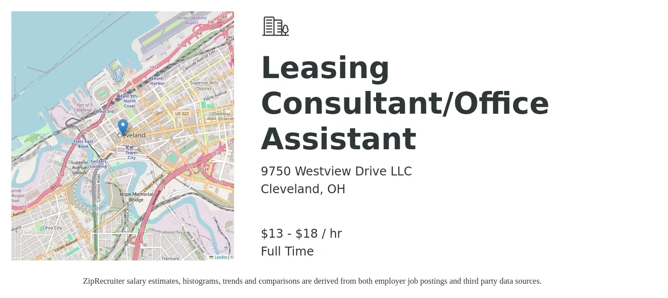 9750 Westview Drive LLC job posting for a Leasing Consultant/Office Assistant in Cleveland, OH with a salary of $14 to $19 Hourly with a map of Cleveland location.