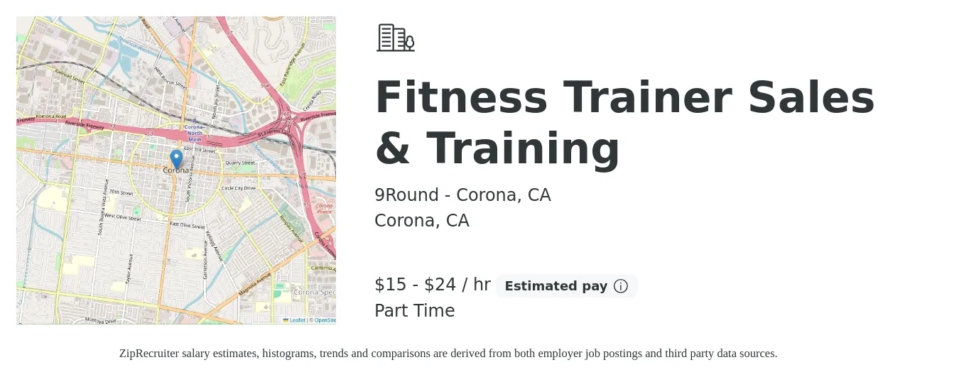 9Round - Corona, CA job posting for a Fitness Trainer Sales & Training in Corona, CA with a salary of $16 to $25 Hourly with a map of Corona location.