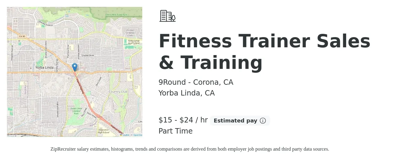 9Round - Corona, CA job posting for a Fitness Trainer Sales & Training in Yorba Linda, CA with a salary of $16 to $25 Hourly with a map of Yorba Linda location.