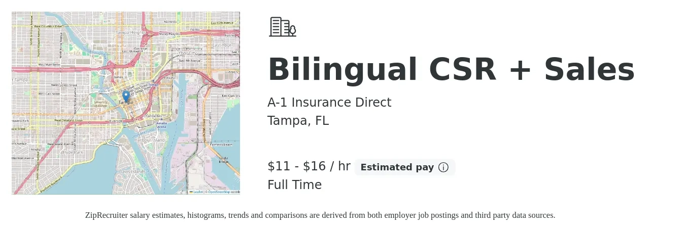 A-1 Insurance Direct job posting for a Bilingual CSR + Sales in Tampa, FL with a salary of $12 to $17 Hourly with a map of Tampa location.