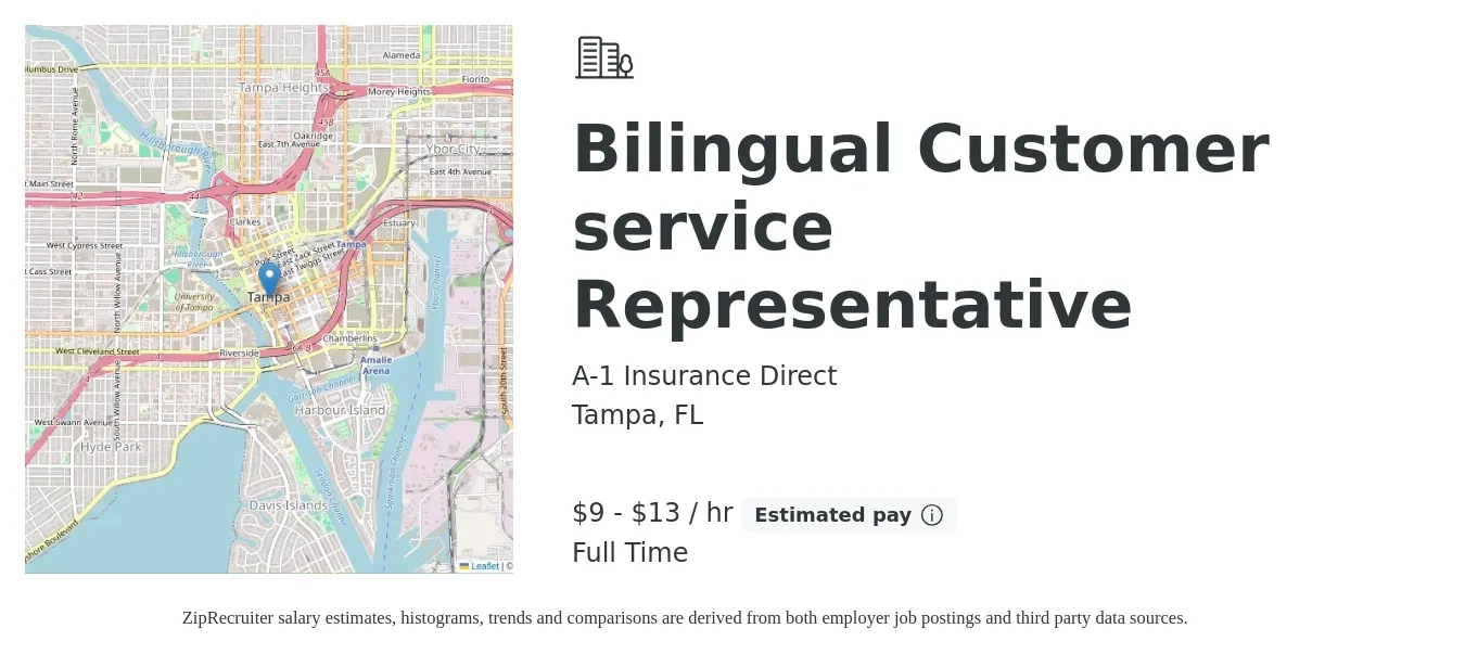 A-1 Insurance Direct job posting for a Bilingual Customer service Representative in Tampa, FL with a salary of $10 to $14 Hourly with a map of Tampa location.
