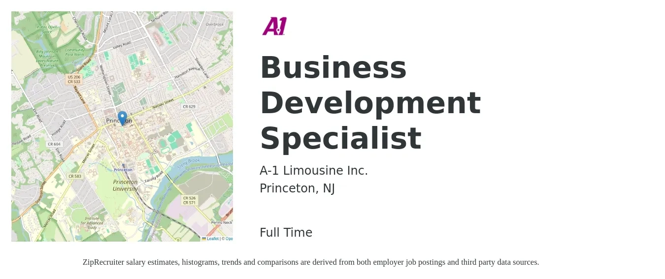 A-1 Limousine Inc. job posting for a Business Development Specialist in Princeton, NJ with a salary of $49,300 to $82,300 Yearly with a map of Princeton location.