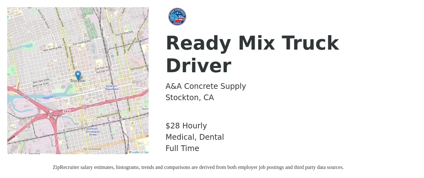 A&A Concrete Supply job posting for a Ready Mix Truck Driver in Stockton, CA with a salary of $30 Hourly and benefits including life_insurance, medical, retirement, and dental with a map of Stockton location.