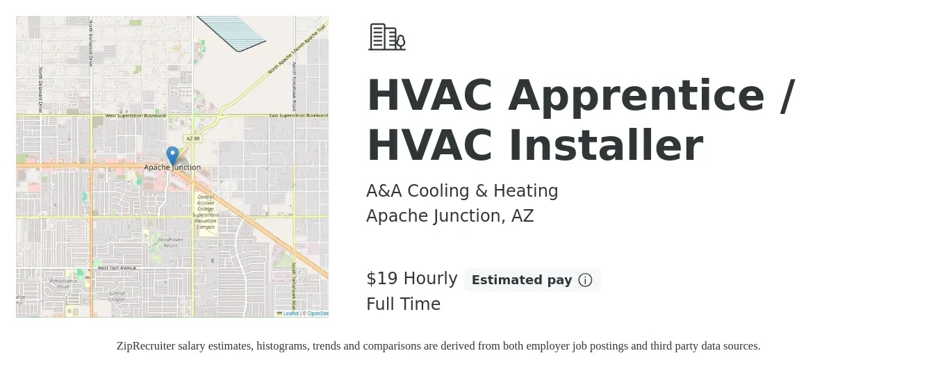 A&A Cooling & Heating job posting for a HVAC Apprentice / HVAC Installer in Apache Junction, AZ with a salary of $20 Hourly with a map of Apache Junction location.