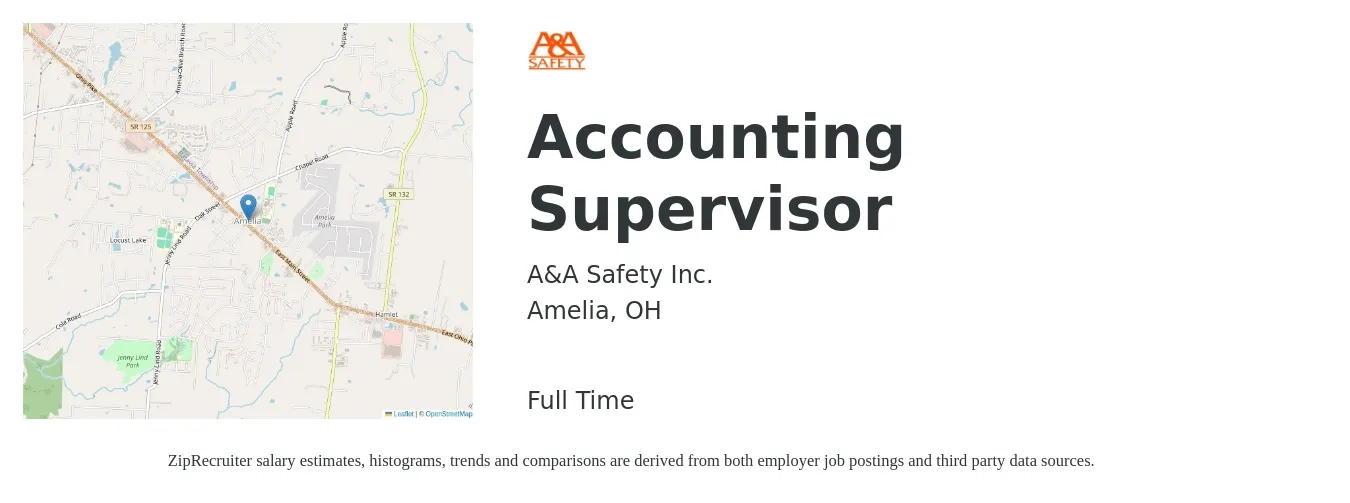 A&A Safety Inc. job posting for a Accounting Supervisor in Amelia, OH with a salary of $67,000 to $96,200 Yearly with a map of Amelia location.