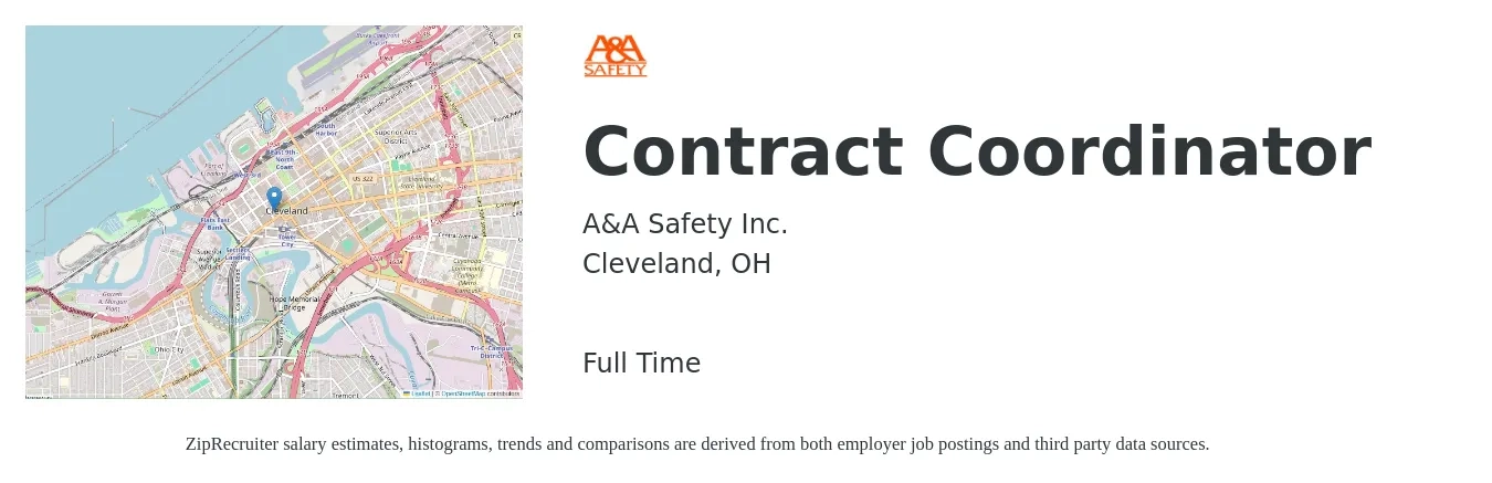 A&A Safety Inc. job posting for a Contract Coordinator in Cleveland, OH with a salary of $22 to $33 Hourly with a map of Cleveland location.