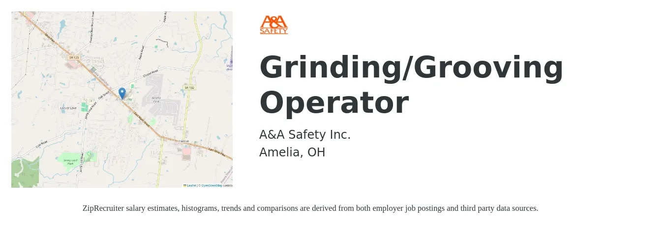 A&A Safety Inc. job posting for a Grinding/Grooving Operator in Amelia, OH with a salary of $32 to $49 Hourly with a map of Amelia location.