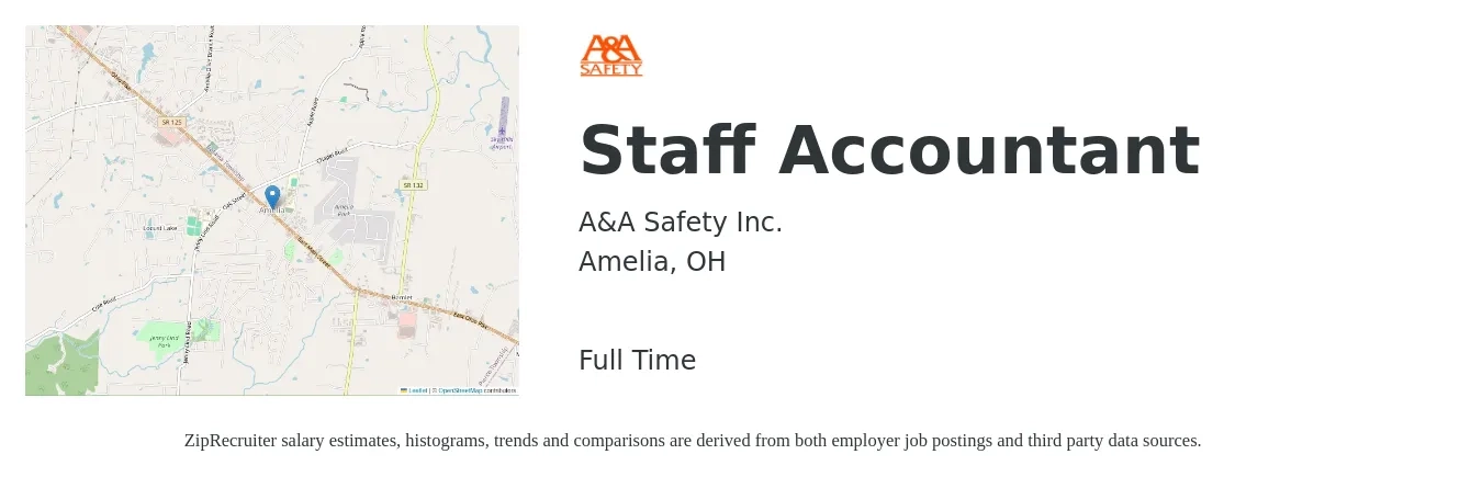 A&A Safety Inc. job posting for a Staff Accountant in Amelia, OH with a salary of $47,200 to $62,300 Yearly with a map of Amelia location.