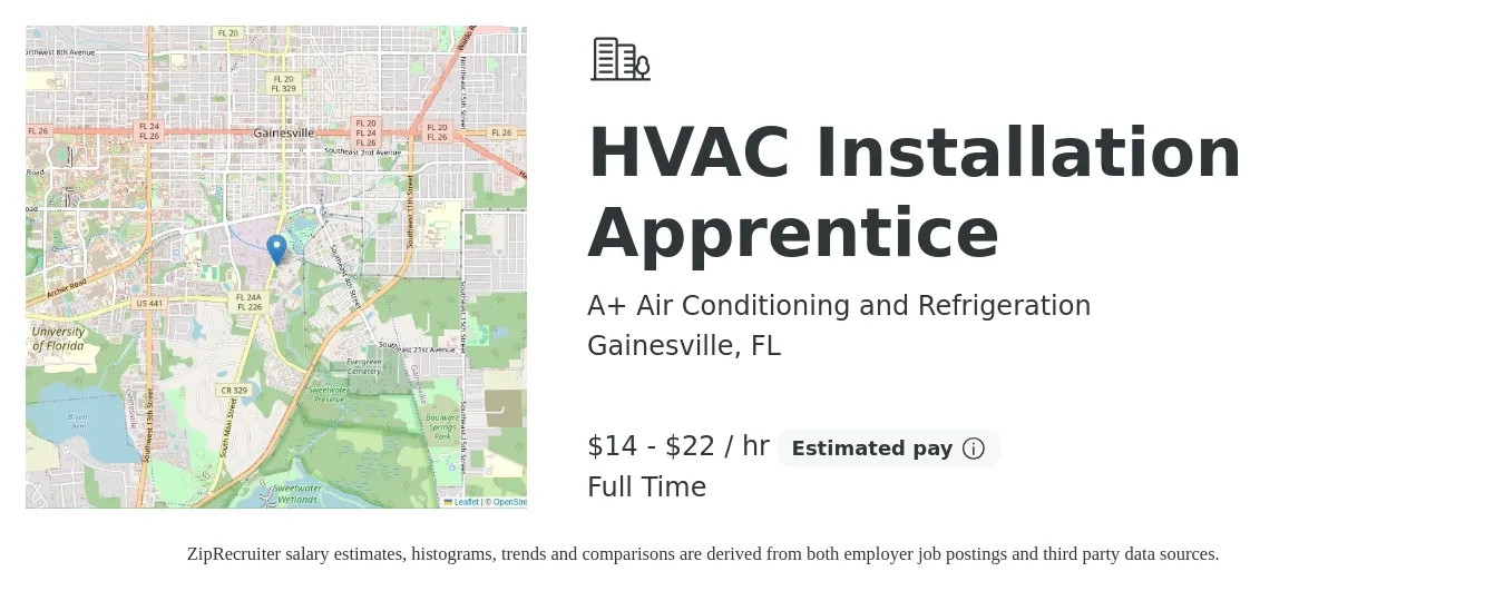 A+ Air Conditioning and Refrigeration job posting for a HVAC Installation Apprentice in Gainesville, FL with a salary of $15 to $23 Hourly with a map of Gainesville location.