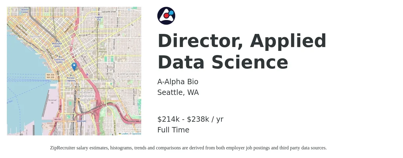 A-Alpha Bio job posting for a Director, Applied Data Science in Seattle, WA with a salary of $214,000 to $238,000 Yearly with a map of Seattle location.