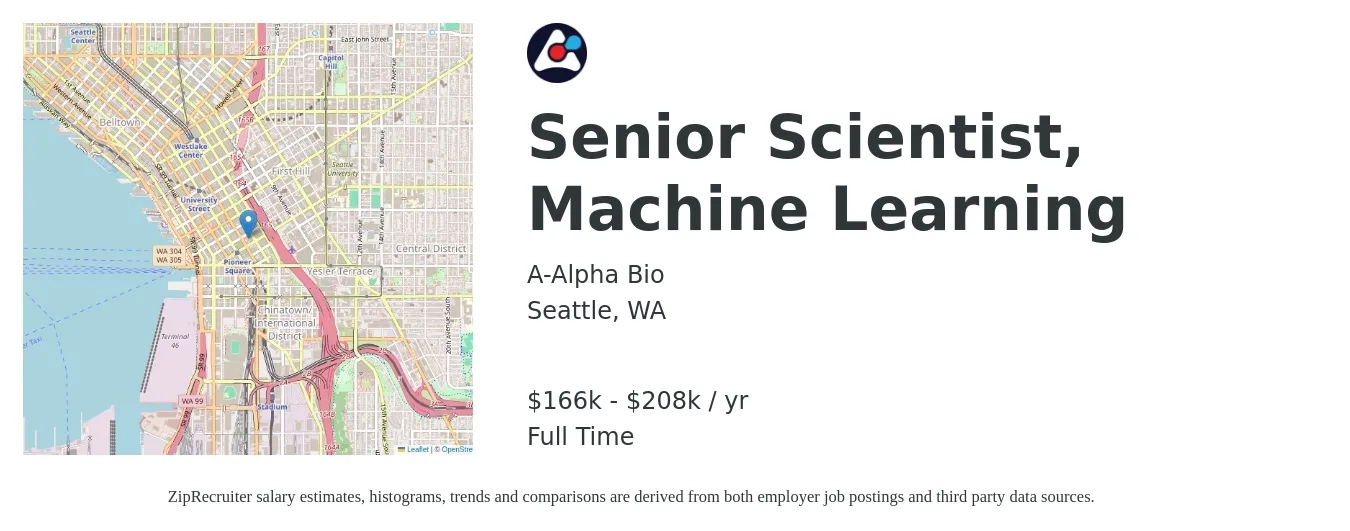 A-Alpha Bio job posting for a Senior Scientist, Machine Learning in Seattle, WA with a salary of $166,000 to $208,000 Yearly with a map of Seattle location.