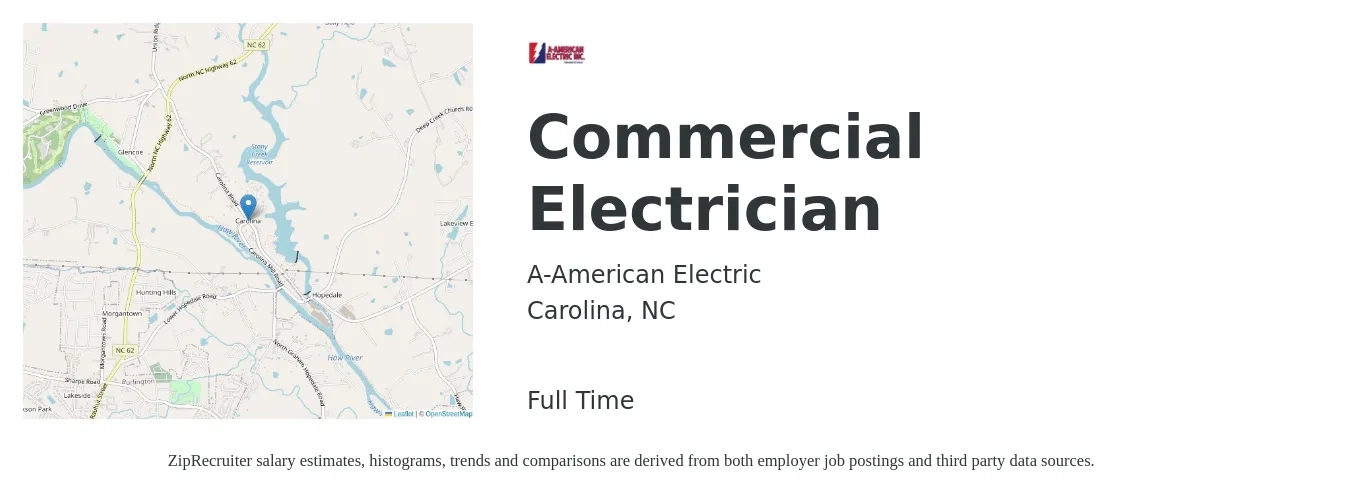 A-American Electric job posting for a Commercial Electrician in Carolina, NC with a salary of $22 to $26 Hourly with a map of Carolina location.