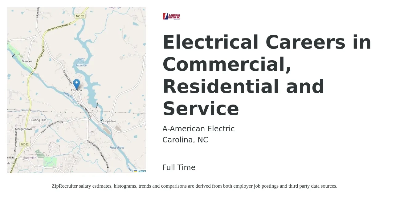A-American Electric job posting for a Electrical Careers in Commercial, Residential and Service in Carolina, NC with a salary of $22 to $30 Hourly with a map of Carolina location.