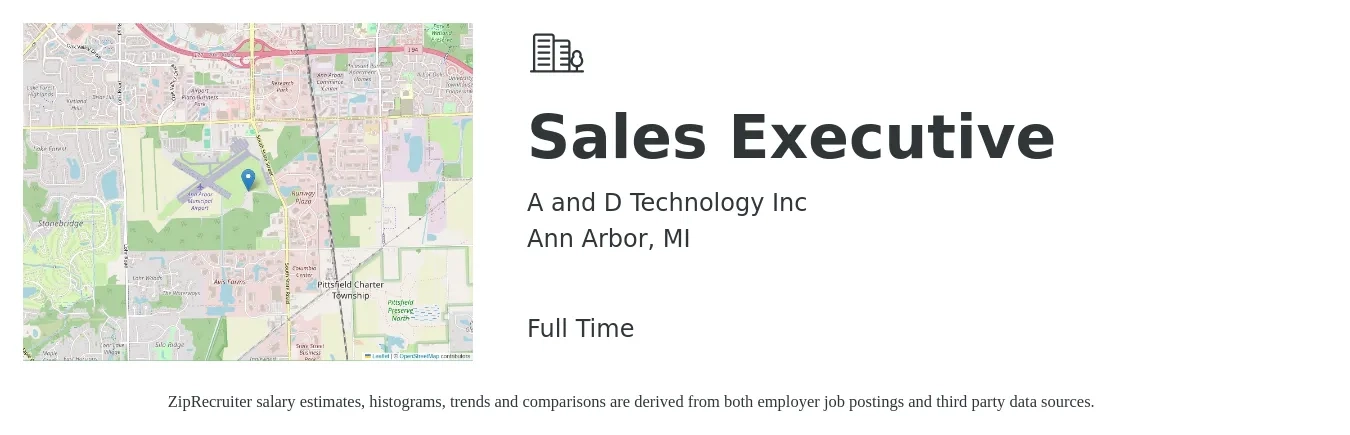 A and D Technology Inc job posting for a Sales Executive in Ann Arbor, MI with a salary of $56,700 to $97,400 Yearly with a map of Ann Arbor location.