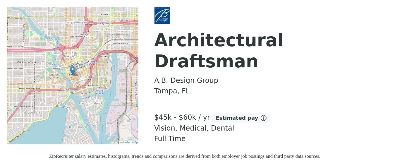 A.B. Design Group job posting for a Architectural Draftsman in Tampa, FL with a salary of $45,000 to $60,000 Yearly and benefits including dental, medical, pto, retirement, and vision with a map of Tampa location.