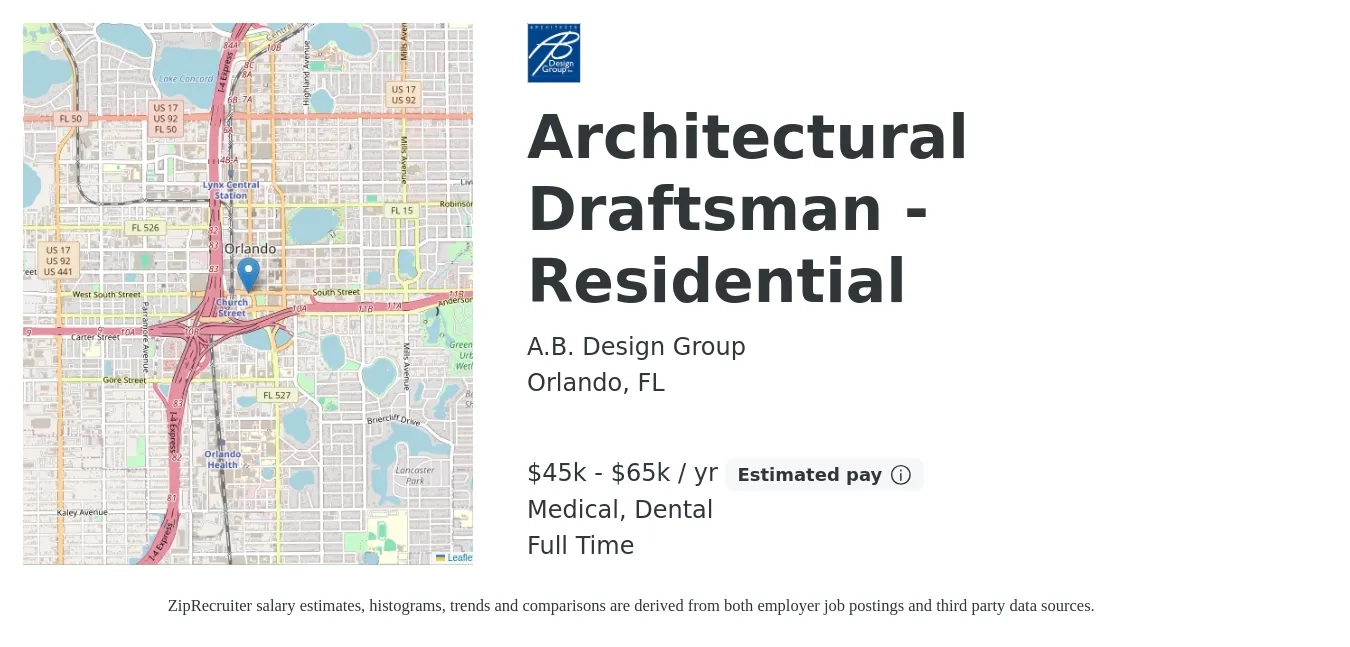 A.B. Design Group job posting for a Architectural Draftsman - Residential in Orlando, FL with a salary of $45,000 to $65,000 Yearly and benefits including dental, life_insurance, medical, and retirement with a map of Orlando location.