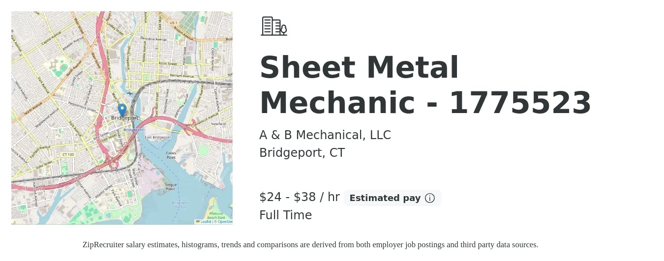 A & B Mechanical, LLC job posting for a Sheet Metal Mechanic - 1775523 in Bridgeport, CT with a salary of $25 to $40 Hourly with a map of Bridgeport location.