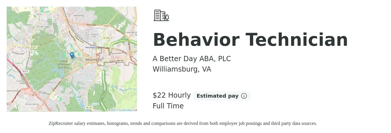 A Better Day ABA, PLC job posting for a Behavior Technician in Williamsburg, VA with a salary of $23 Hourly with a map of Williamsburg location.